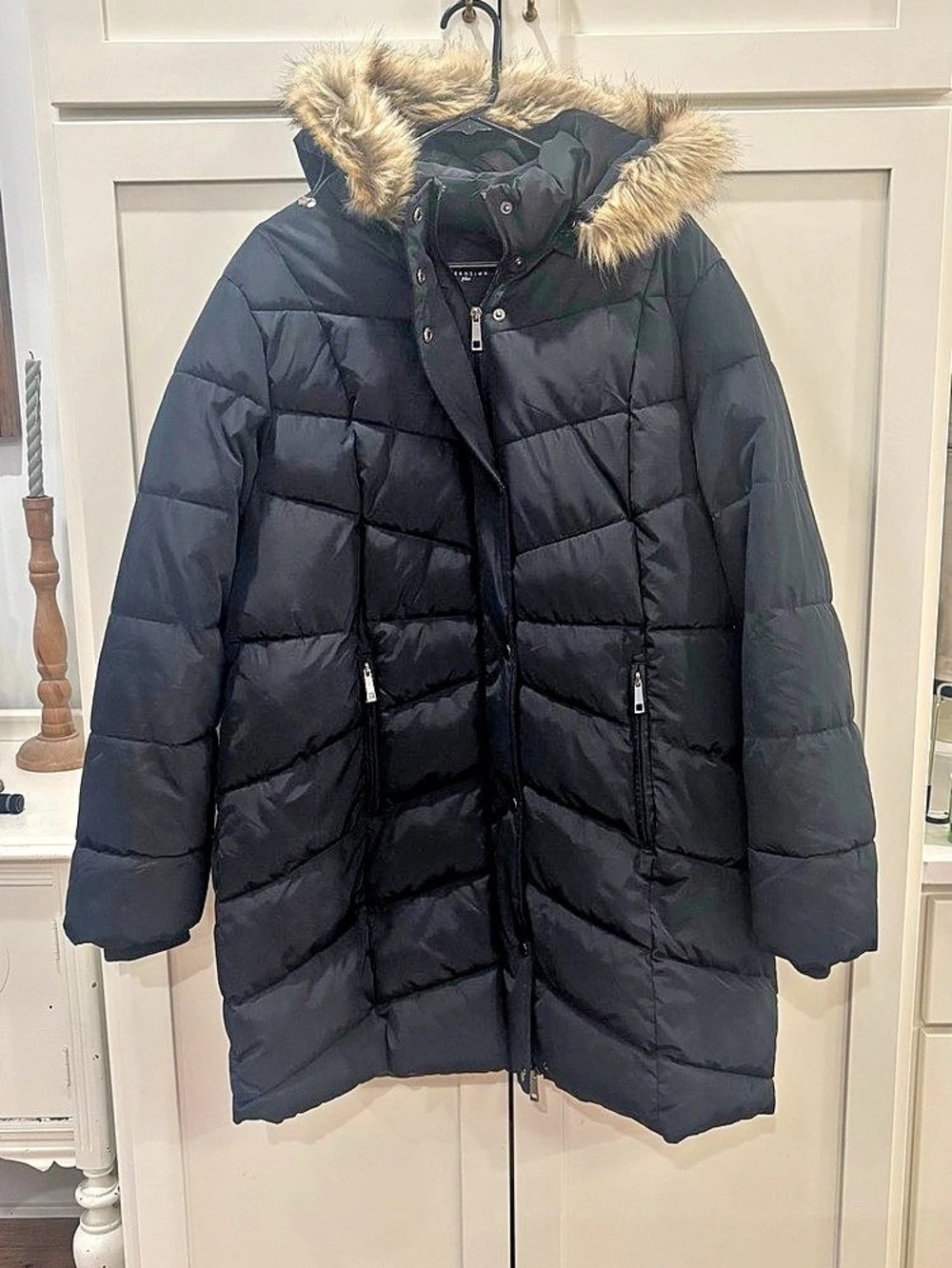 attention plus Black Puffer Coat with Faux Fur Hood, 1X